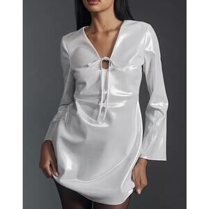 Anthropologie Long-Sleeve V-Neck Metallic Mini Dress White XS